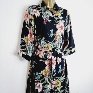 NEW DOROTHY PERKINS 10 UK Blue Black Pink Green Floral Print Belted Shirt Dress